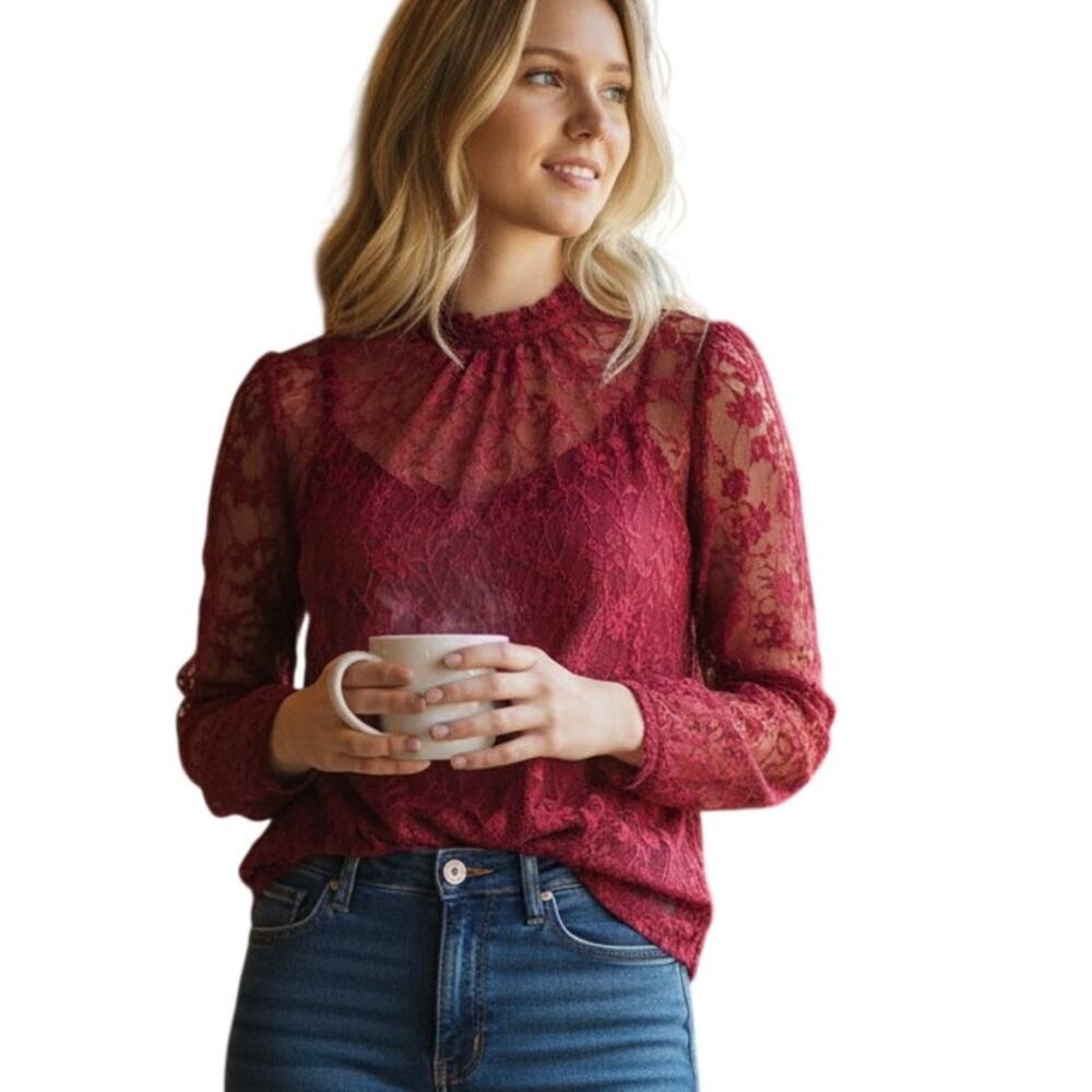 Gibson Look Blouse Womens Large Red Lace Floral Sheer Mock Neck Long Sleeve